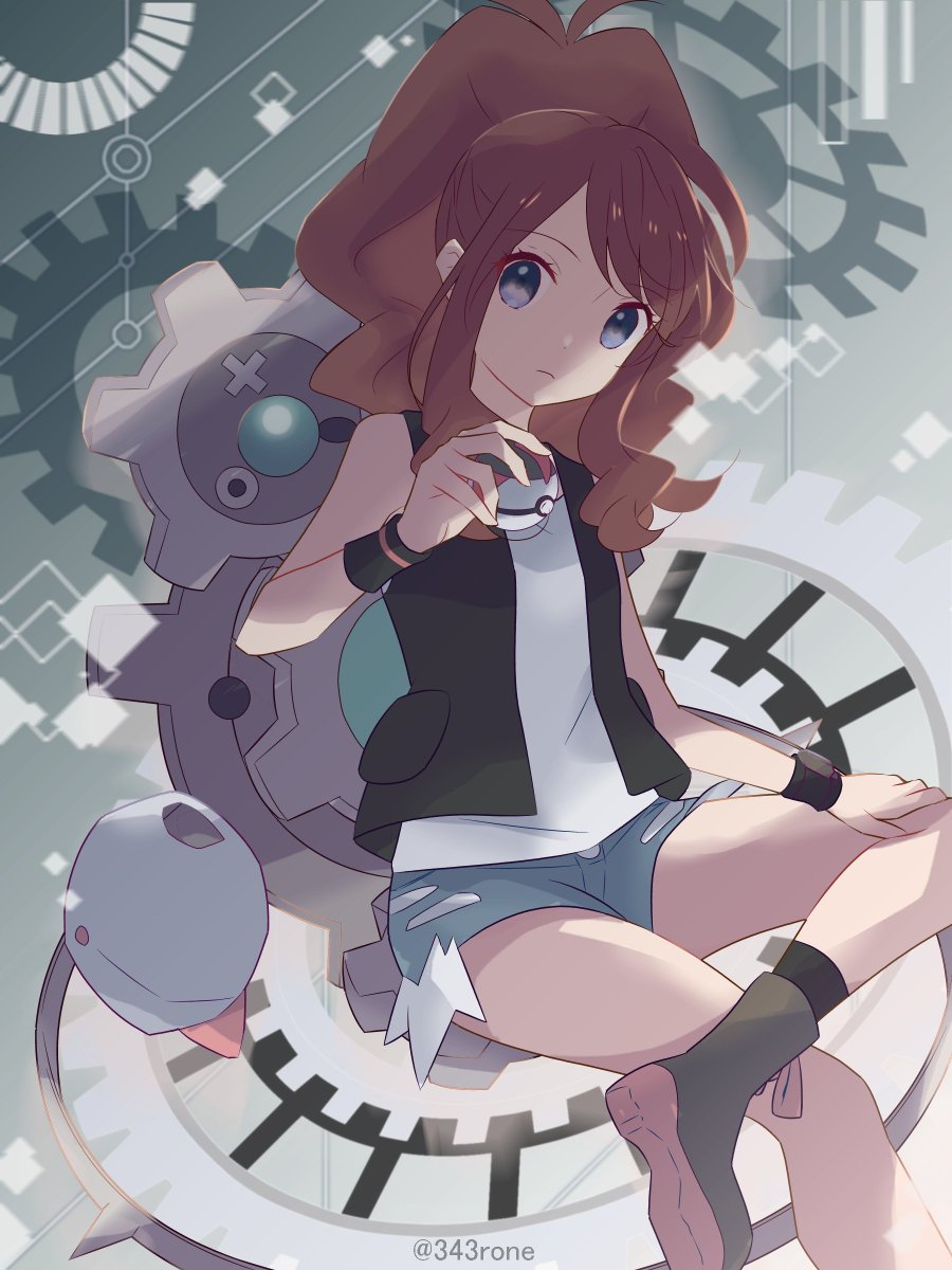 hilda (pokemon) 1girl brown hair shorts poke ball holding shirt long hair  illustration images