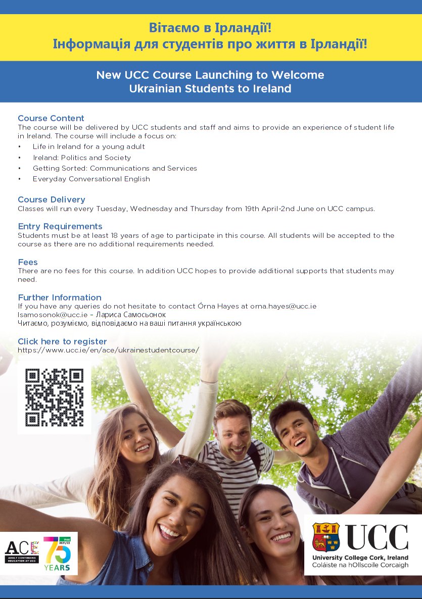ACEUCC's tweet photo. We at ACE are delighted to announce the launch of a new course @UCC for displaced students aged 18+ from Ukraine &amp; other territories. This course will give you a taste of student life in Ireland. 

Course is free &amp; supports will be provided. 

Register at https://t.co/LtS8ItWj25 https://t.co/cg1SPx72RG