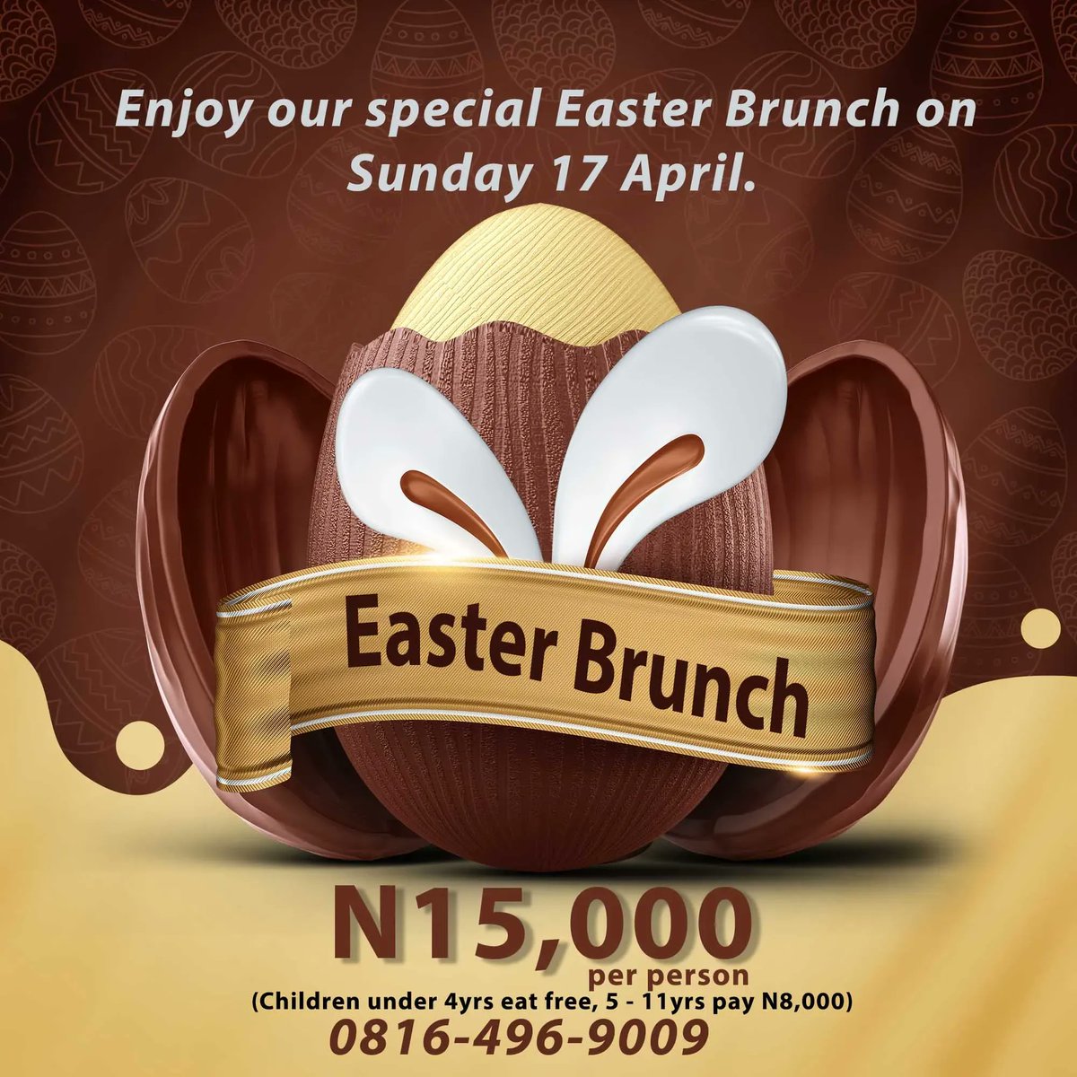 ParAstoriaHotel's tweet photo. Easter is Here!!
You want to celebrate this Easter without breaking the bank.
.
Come enjoy our Easter Brunch on Sunday 17th April 2022.
N15,000 per person.
Children under 4yrs eat free, 5yrs -11yrs pay N8,000
.
#parkviewastoriahotels #affoardablehotelsinikoyi #easterbrunch #lagos https://t.co/ioQQoBlGHu
