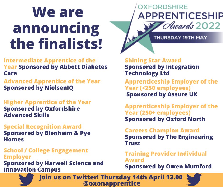 OAAwards's tweet photo. We'd like to thank all our category sponsors who have helped us decide on the finalists for the Oxfordshire Apprenticeship Awards 2022.
Join us here on Twitter, this Thursday at 13.00 to find out who our 2022 finalists are. 
https://t.co/FkbLjJAwoY
#OAAwards2022 #OAHour https://t.co/QhJ4LvLLLq