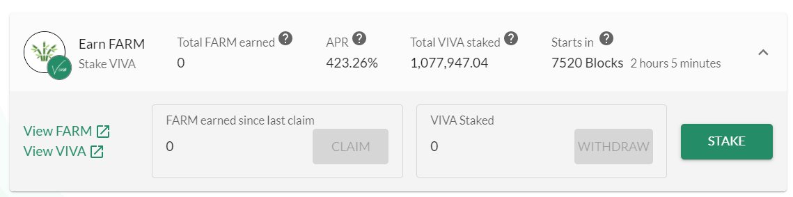 VivaStakingPool's tweet image. Stake $VIVA to earn $FARM, going live in 2 hours! 

The first in a series of new pools that will be coming to app.vivafi.org this week! 💰