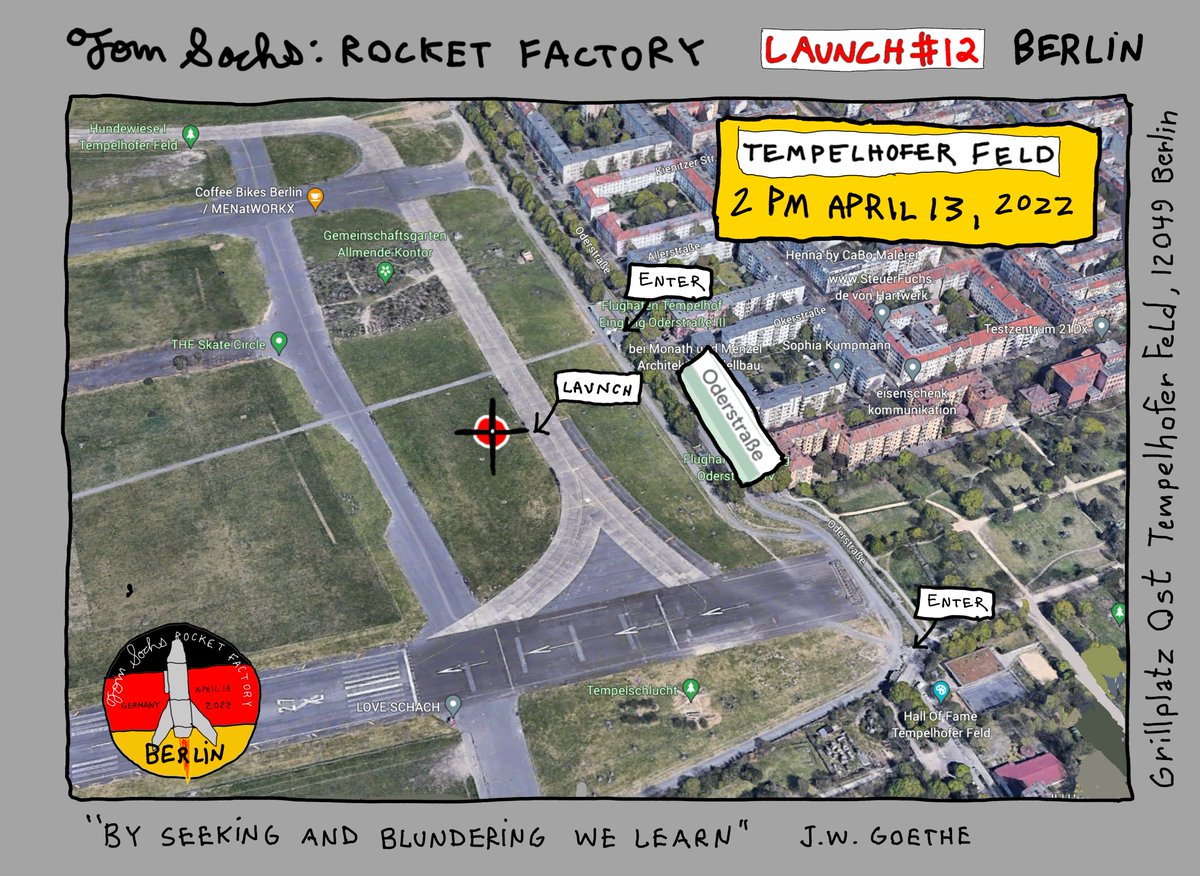 👨‍🚀ATTN ROCKET FACTORY PERSONNEL: 
ROCKET LAUNCH TOMORROW, APRIL 13th 2pm (GMT+2) - GRILLPLATZ OST TEMPELHOFER FELD, 12049 BERLIN