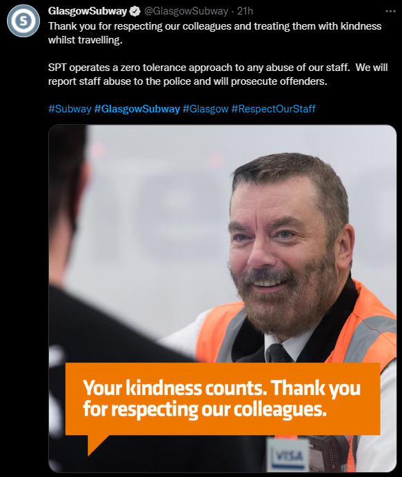 Stationseven7's tweet photo. Bit ironic that @GlasgowSubway ask the public to respect staff when management have build a culture of bullying in the #glasgow subway

Zero tolerance to abuse? maybe DC, BQ, TH and VS should be referred to the police?

Even saturday night drunks treat staff better https://t.co/VfDd1m7Tig