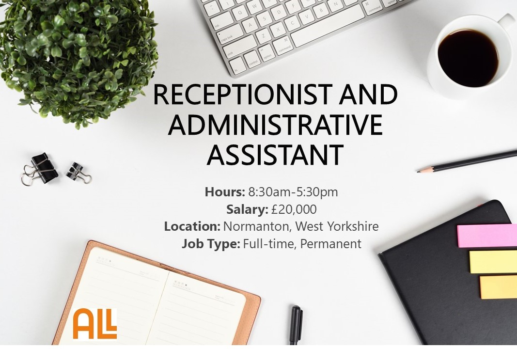 ALLRecruitment2's tweet photo. NEW ROLE: RECEPTIONIST AND ADMINISTRATIVE ASSISTANT 
Due to internal promotion, we are hiring for a receptionist/administrative assistant role on behalf of our client based in Normanton, West Yorkshire💻💡
To apply please email your CV to sales@all-recruitment.co.uk 📁 https://t.co/HxTEbEt9Ep