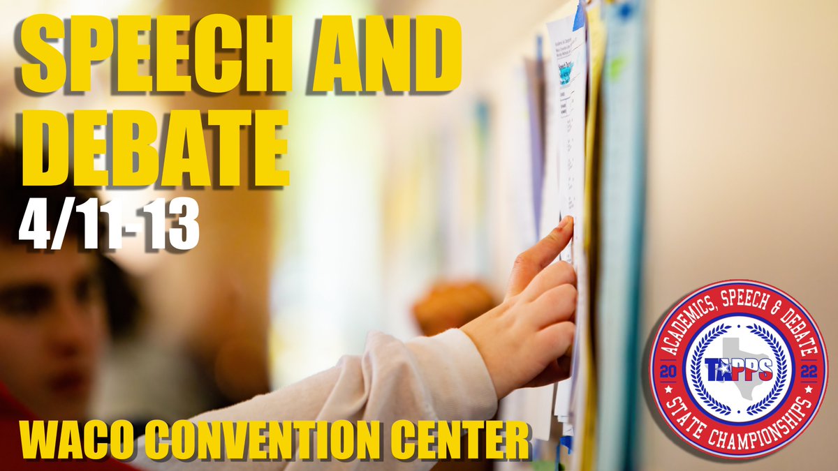 TAPPSacademics's tweet image. Good morning! #TAPPSacademics kicks off today at the Base at Extraco Event Center and #TAPPSspeech continues at the Waco Convention Center. 
Speech schedule: bit.ly/3v7vjNM
Speech Day 1 Results: tapps.biz/speech/
Test Schedule: bit.ly/3jr3P0r