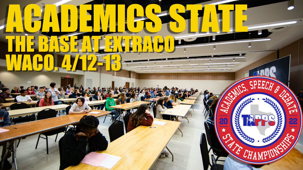 TAPPSacademics's tweet image. Good morning! #TAPPSacademics kicks off today at the Base at Extraco Event Center and #TAPPSspeech continues at the Waco Convention Center. 
Speech schedule: bit.ly/3v7vjNM
Speech Day 1 Results: tapps.biz/speech/
Test Schedule: bit.ly/3jr3P0r