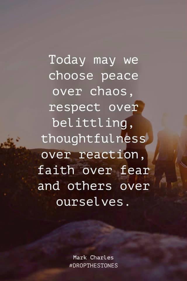 Today may we choose Peace over Chaos, Respect over Belittling, Thoughtfulness over Reaction, Faith over Fear and Others over Ourselves.  #Equanimity #ItsYourChoice #ChoosePeace