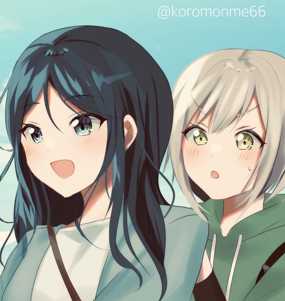 multiple girls 2girls long hair hoodie hood short hair open mouth  illustration images