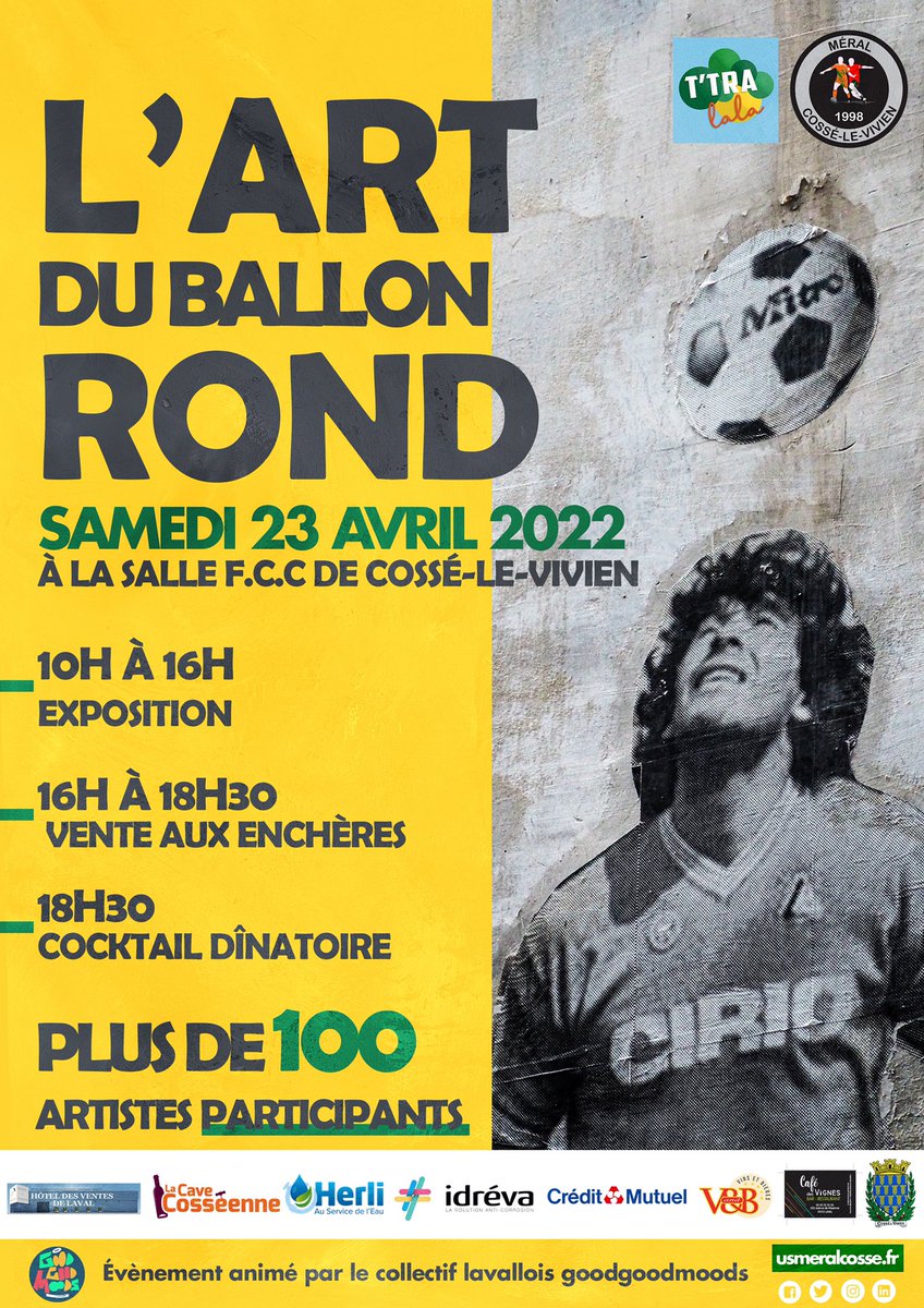 MeralCosse's tweet photo. 𝑳'𝒂𝒓𝒕 𝒅𝒖 𝒃𝒂𝒍𝒍𝒐𝒏 𝒓𝒐𝒏𝒅 ⚽️🎨

Rendez-vous le samedi 23 avril à la salle F.C.C. de Cossé-le-Vivien pour une vente aux enchères caritative inédite, organisée conjointement par T'tralala et l'US Méral Cossé ! 🤝 https://t.co/26VBpDuWMu