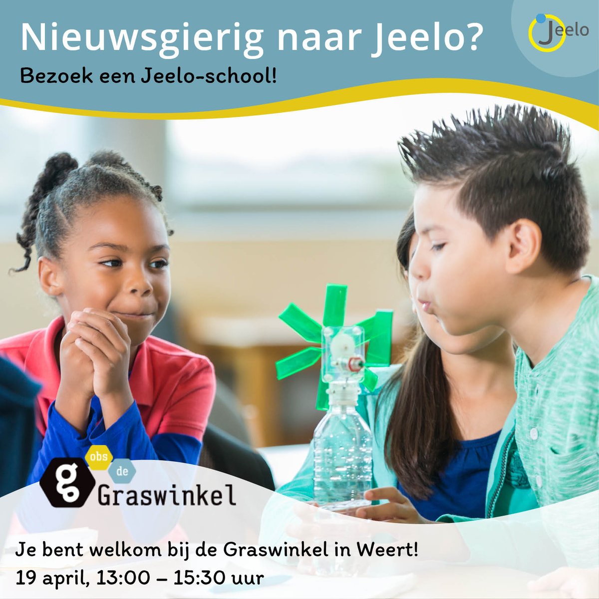 Overweeg je of Jeelo iets is voor jouw school? Bezoek dan eens een Jeelo-school.  De eerst komende mogelijkheid is op 19 april bij de Graswinkel in Weert. Je krijgt informatie over Jeelo en leerlingen, leerkrachten en directeur delen hun ervaringen. 
jeelo.nl/doe-mee/