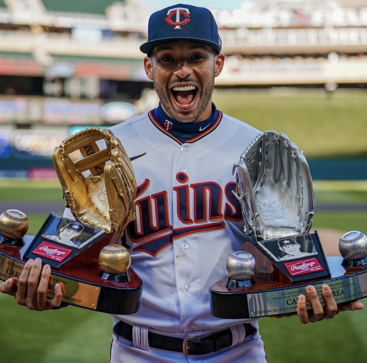 Talkin' Baseball on X: Carlos Correa received his Gold and Platinum Glove  Awards 👏  / X
