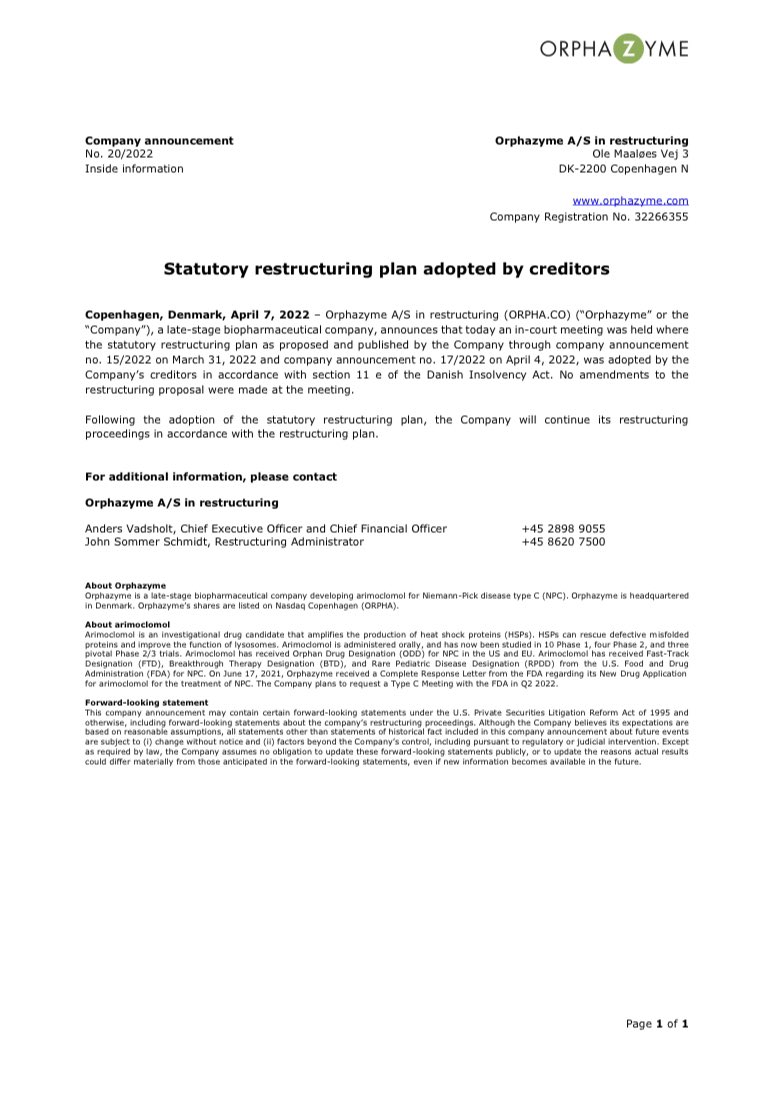 one92three's tweet image. Kreditorerne i @Orphazyme_AS har i sidste uge accepteret restruktureringsplanen.