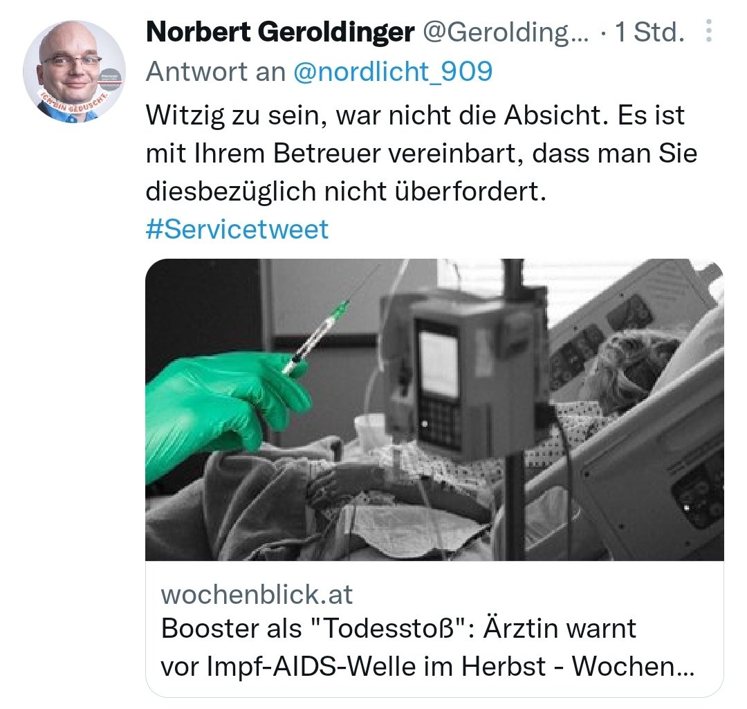 nordlicht_909's tweet photo. Darf ich vorstellen?

Das ist der GF vom unrühmlichen Wochenblick. at.

Als GF schreibt man solch unterirdische Tweets, so geht also seriös in Österreich.

Diese "Zeitung" ist in 🇩🇪 bei der #AfD beliebt u wird oft geteilt. Der Kreis schließt sich.
#NoAfD

https://t.co/KvJxU8aidc https://t.co/AyprbM8WsM