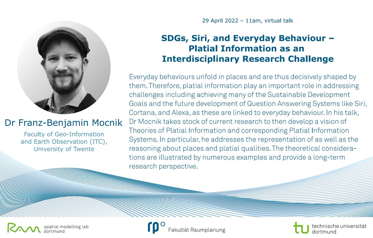 rwesterh87's tweet photo. Join us for another RAM Colloquium! @franzbenjamin from @FacultyITC will talk about platial information theories and the prospect of possible platial information systems.

Fr, 29 April; 11 am CET; 10 am GMT; Zoom.
Registration: https://t.co/gPW3TO5kIo

Don't miss out on it! https://t.co/VsY3dpLIVd