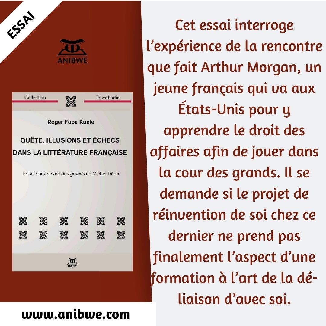 AnibweE's tweet photo. Découvrez "QUÊTE, ILLUSIONS ET ÉCHECS DANS LA LITTÉRATURE FRANÇAISE » de Roger Fopa Kuete
sur https://t.co/kdkvhPvh6a
#RogerFopaKuete
#litterature #lecture #livre #lire #bookaddict #booklover #passionlecture #livraddict #lecturedumoment #books #jaimelire #micheldeon #essai https://t.co/HGjEdGv8Cn