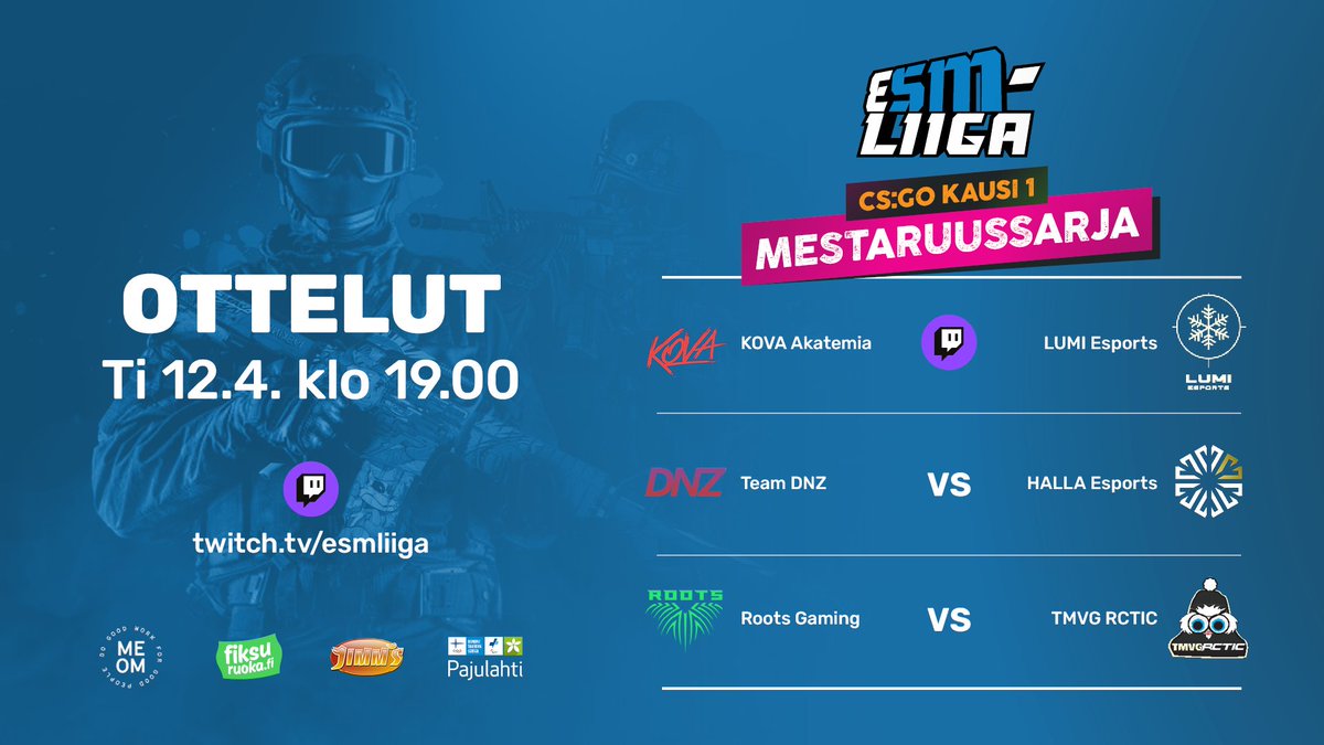 Tiistai-iltana luvassa kolme ottelua!🔥
Kaikki matsit starttaa klo 19.00⏰

<a href="/kovaakatemia/">KOVA Akatemia</a> vs. @LUMI_Esportscs 
📺Twitch.tv/esmliiga

<a href="/TeamDNZ_/">Team DNZ</a> vs. @Halla_GG 

<a href="/RootsGaming1/">Roots Gaming</a> vs. <a href="/rcticofficial/">RCTIC Productions</a> 

#esportsfi #csgofi #esmliiga