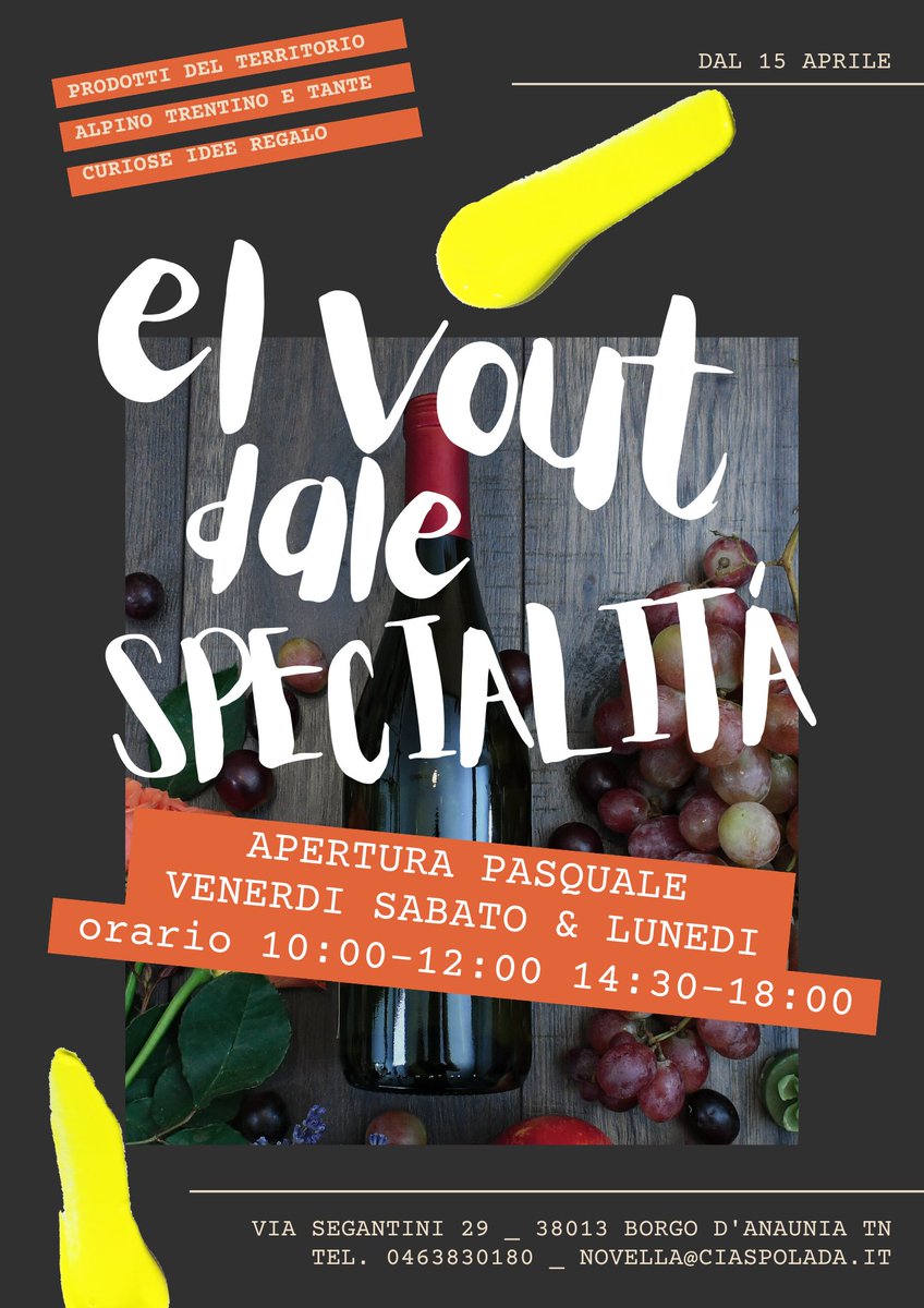 𝗘𝗹 𝗩𝗼𝘂𝘁 𝗱𝗮𝗹𝗲 𝗦𝗽𝗲𝗰𝗶𝗮𝗹𝗶𝘁𝗮', piccola realtà a Fondo che promuove i 𝗽𝗿𝗼𝗱𝗼𝘁𝘁𝗶 𝗱𝗲𝗹𝗹𝗮 𝘁𝗿𝗮𝗱𝗶𝘇𝗶𝗼𝗻𝗲 trentina🥨🧀🍏 riapre il 𝟭𝟱 𝗮𝗽𝗿𝗶𝗹𝗲 
⏩venerdì sabato e lunedì di Pasquetta e a seguire
⏩venerdì sabato domenica
⏱10:00-12:00 14:30-18:00