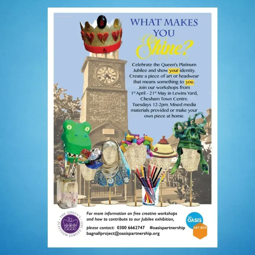 TheOasisCharity's tweet photo. What makes you shine?

Join our exciting celebrating Jubilee Art Project.

Get creative – and put your thinking crowns on!

Find out more in News on our website.

https://t.co/wAQV6C20PG 

#art #community #OasisPartnership #BagnallProject #OasisArtBoxJubileeProject https://t.co/jaRpi95wvL