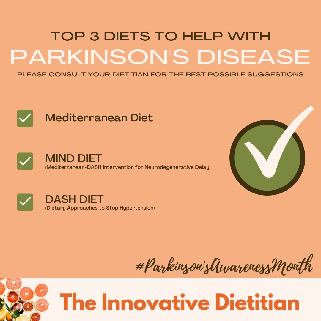 InnovDiet's tweet photo. To help promote @ParkinsonsAus Awareness Month, here at The Innovative Dietitian we're showing you the Top 3 diets to help with Parkinson's Disease and reduce hypertension. https://t.co/mNmMJTfump