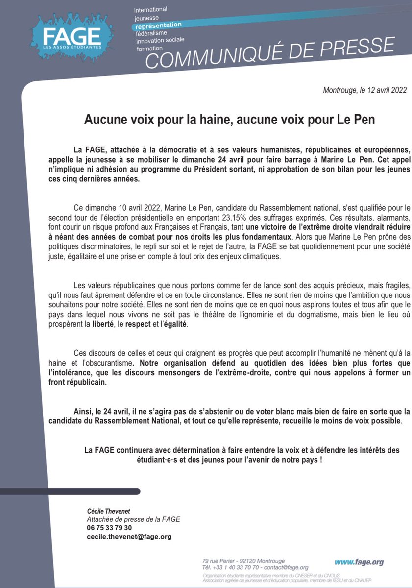 #CdP | Aucune voix pour la haine, aucune voix pour Le Pen !

❌La #FAGE, attachée à la démocratie et ses valeurs humanistes et républicaines, appelle la #jeunesse à se mobiliser le 24 avril pour faire barrage à Marine Le Pen.

📣Pour la liberté, le respect et l'égalité !