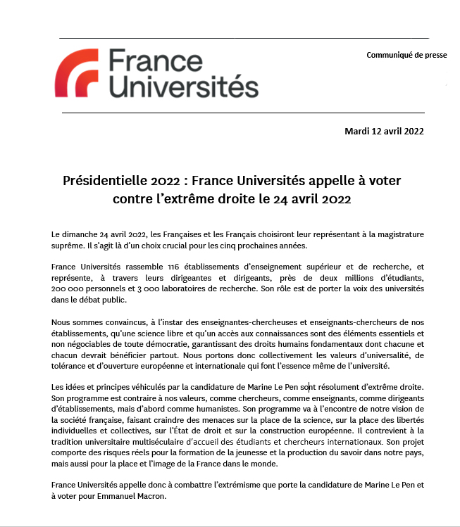 Présidentielle 2022 : France Universités appelle à voter contre l’extrême droite le 24 avril 2022
franceuniversites.fr/actualite/pres…
#presidentielles2022 #Presidentielle2022 #Presidentielles