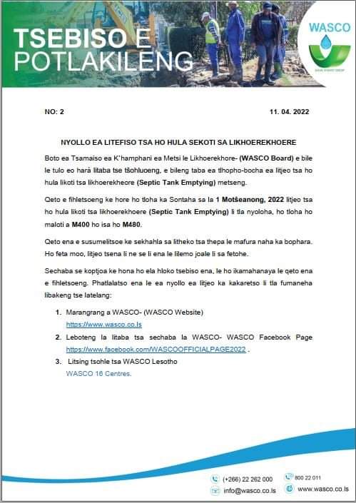 Kanono_Thabane's tweet photo. Starting from 1 May a septic load within MCC region will be charged at M480.00 as opposed to the usual M400.00. https://t.co/uua8BG3wb1
