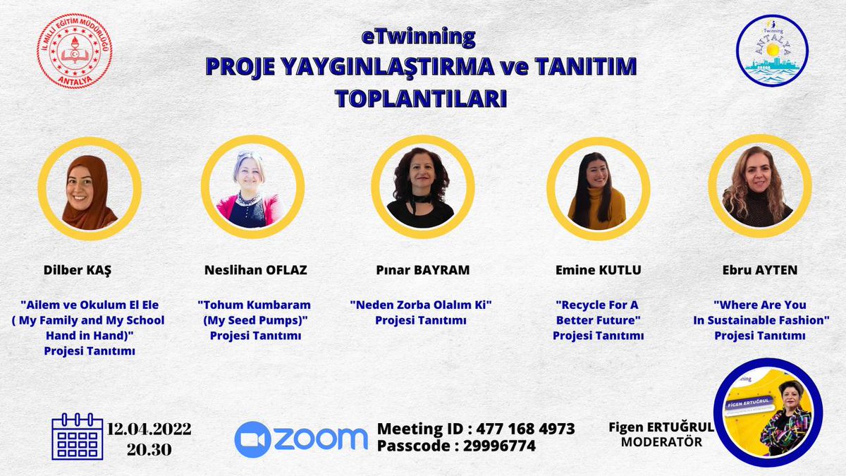 İl Milli Eğitim Müdürlüğümüz koordinesinde yürütülen eTwinning Proje Tanıtım ve Yaygınlaştırma Toplantılarının ondördüncüsü 12.04.2022 Salı günü saat 20.30’da gerçekleştirilecektir.  
<a href="/tcmeb/">Millî Eğitim Bakanlığı</a>  
<a href="/AntalyaValilik/">T.C. Antalya Valiliği</a>  
<a href="/emre_caliskan/">Emre Çalışkan</a>   
<a href="/mkrksakcay/">MEHMET KARAKAŞ</a>