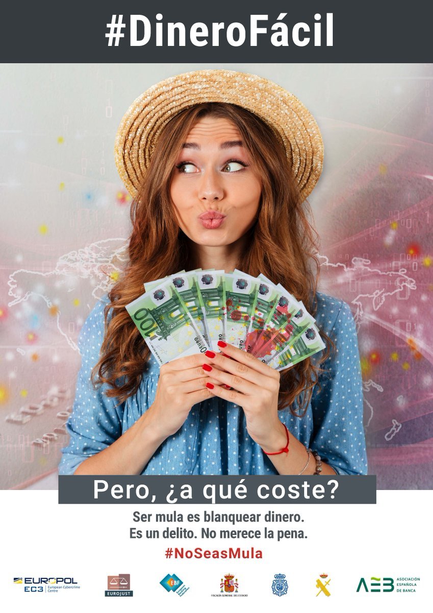 policia's tweet image. ¡Desconfía!🤨
Si te ofrecen dinero 💸💸💸  fácil 

Las mafias utilizan #mulas para blanquear sus beneficios. Si los ayudas, estarás colaborando con delincuentes

#NoSeasMula