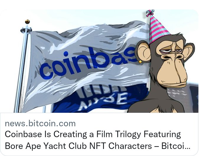 ElliotB70's tweet photo. The digital currency trading platform #Coinbase is producing a film series with the popular #NFT project Bored Ape Yacht Club. #BAYC
#Toyosi https://t.co/5oFG8Hrje5