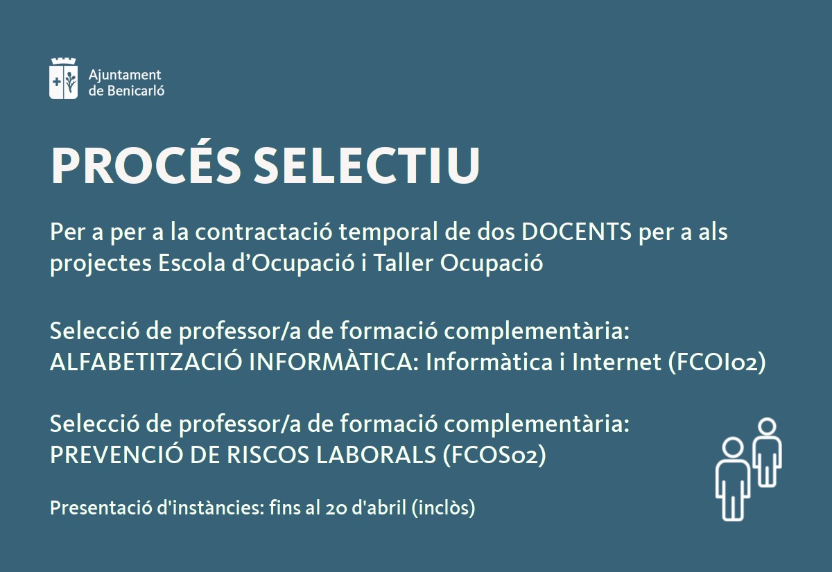 Ajunt_Benicarlo's tweet photo. 👥 Obrim procés #selectiu per a la contractació temporal de dos #docents per als projectes Escola d’Ocupació i Taller Ocupació

💻 #Professor/a d'alfabetització #Informàtica

🏗 Professor/a de #prevenció de #riscos laborals (FCOS02)

ℹ 👉 https://t.co/YKMjEsAHS2

@GVAlabora https://t.co/9EqGuawUoh