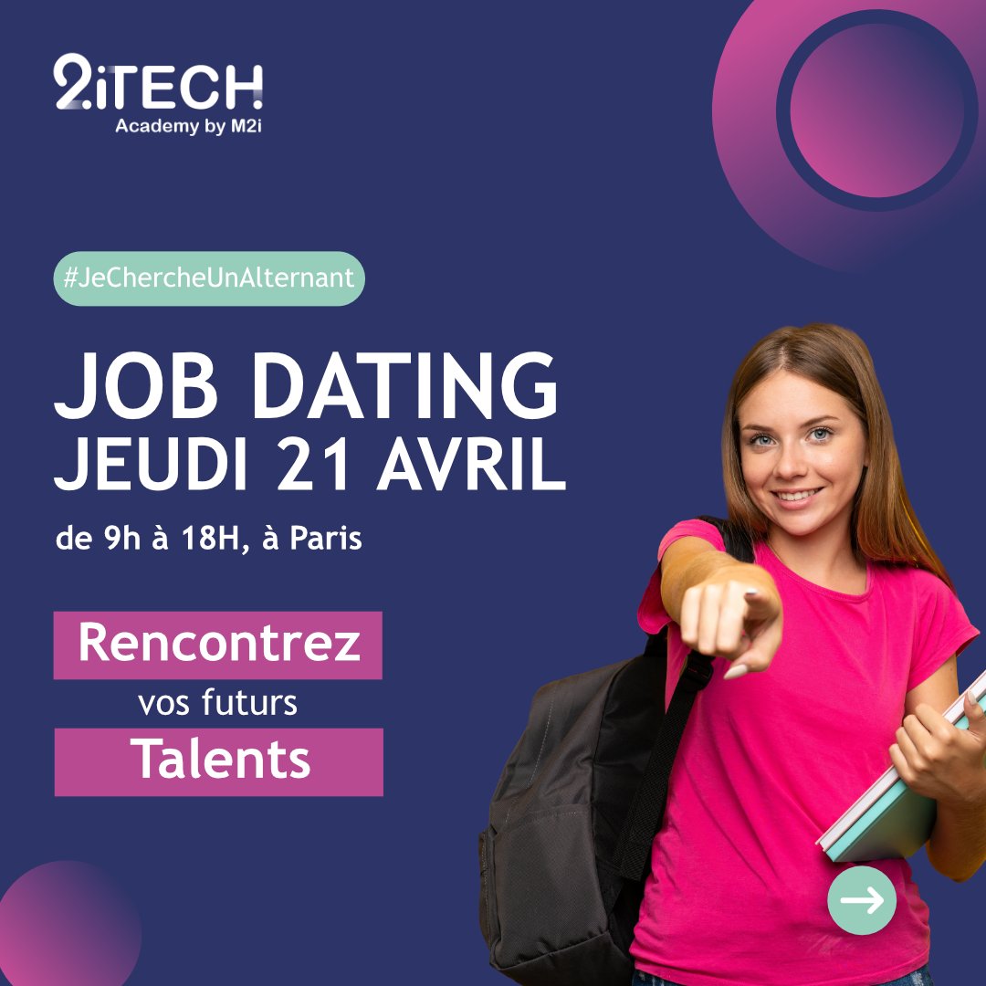 M2iFormation's tweet photo. #JeChercheUnAlternant
⚡️Vous êtes en quête de futurs talents et vous recherchez le coup de cœur professionnel ?

🚀Retrouvez l'équipe @2iTechAcademy pour son #JobDating le jeudi 21 avril à Paris. 

Pour vous inscrire, c’est par ici 👉 https://t.co/OUzQWtBmfk https://t.co/MbYCbtaFZP