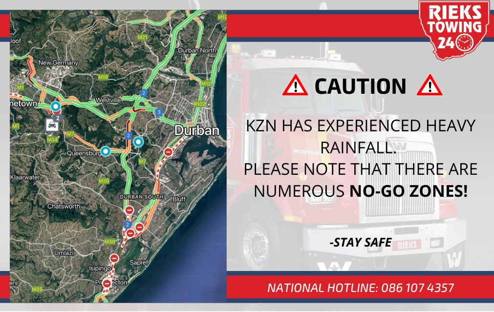 Rieks_Towing's tweet photo. ⚠️CAUTION⚠️

We are attending to Towing and Recoveries as promptly as possible🚨⛓️
 Stay safe!

#rieks #KZNFloods #KZNTRAFFIC #Riekstowing https://t.co/iuqsepMltl