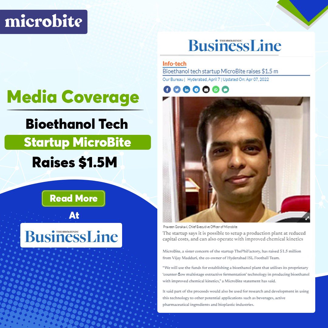 MicroBiteIn's tweet photo. Media Coverage
#FuelForFuture #SustainableFuel #EthanolKnowledge #thehindu #BussinessLine https://t.co/TCEc3RuuyH
