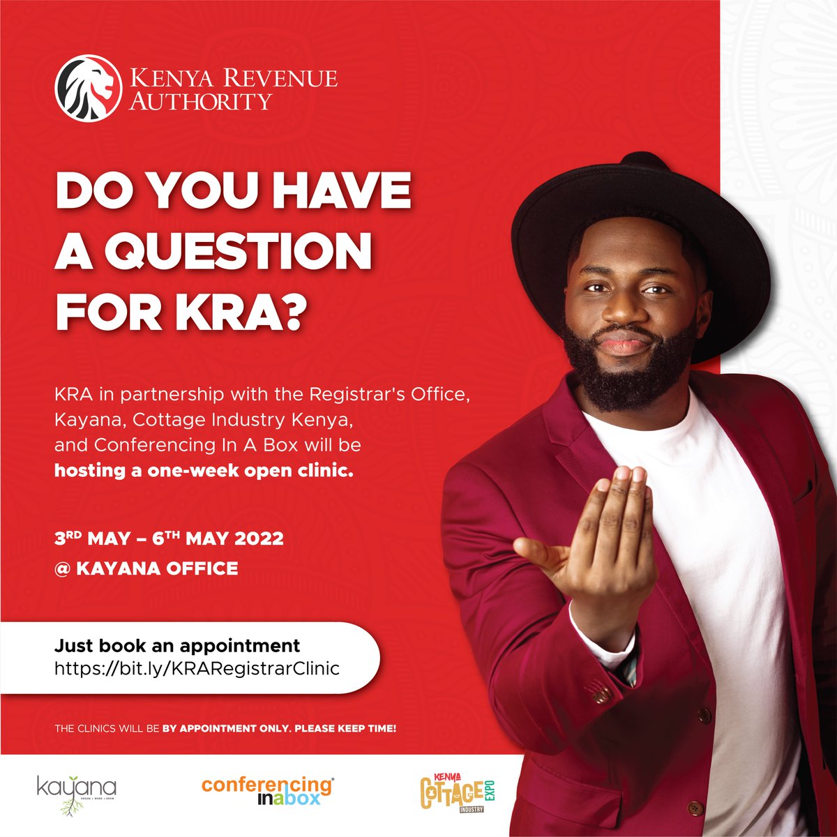 Do you have any tax disputes with KRA? Come get solutions.

We will host KRA and representatives from the Registrar’s office at Kayana for a one-week open clinic.

Book your appointment: bit.ly/KRARegistrarCl… 

#dreamworkgrow #KRAClinic #Taxmatters