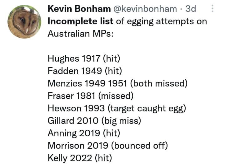akaWACA's tweet photo. Good list although it missed Kelly - 2021 (bounced off butt) #EveryEggCounts #auspol https://t.co/FlfLl16Kmg