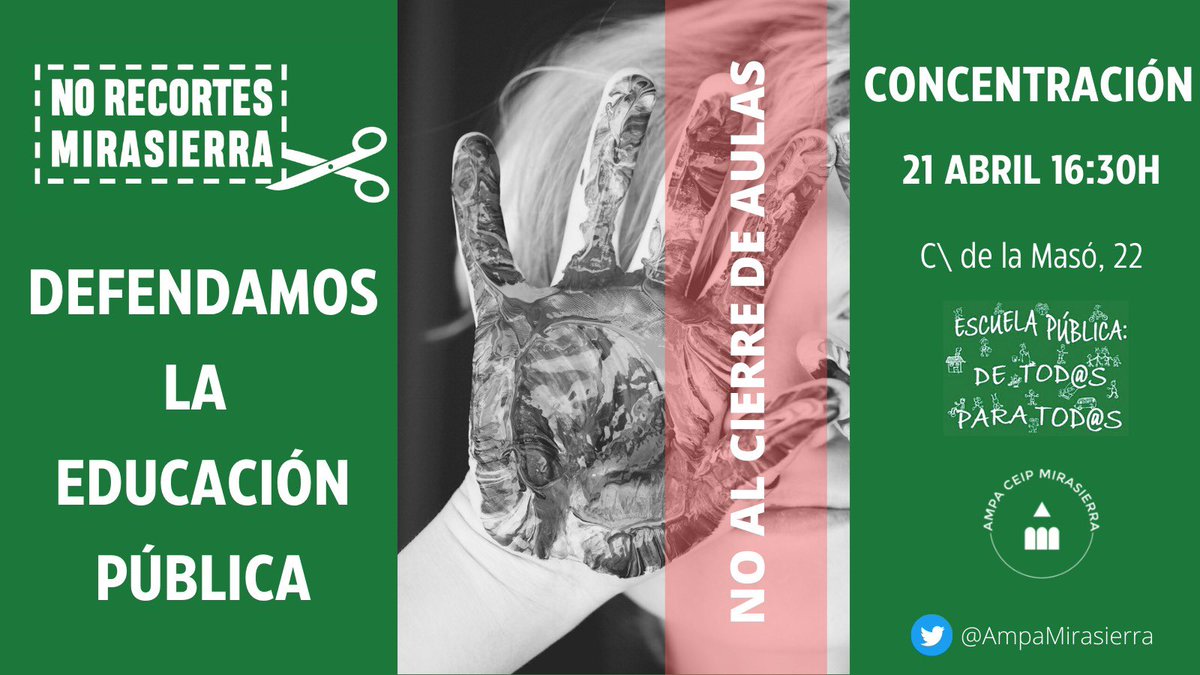 AmpaMirasierra's tweet photo. !Allí os esperamos!
#NoRecortesMirasierra #NoRecortesMirasierra #NoRecorteCEIPAlhambra #LibertaddeEleccion #EducaciónPública https://t.co/QRUVk9qNSK