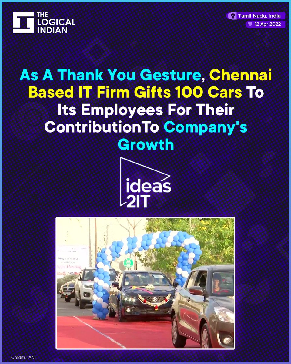 LogicalIndians's tweet photo. #uplifting - A #Chennai-based #IT firm, Ideas2IT, on Monday, April 11, gifted as many as 100 Maruti Suzuki cars to its employees for their constant support and unparalleled contributions to the company's success and growth.

#TamilNadu #emplyees #goodrelationship https://t.co/h5ulPPKZHv