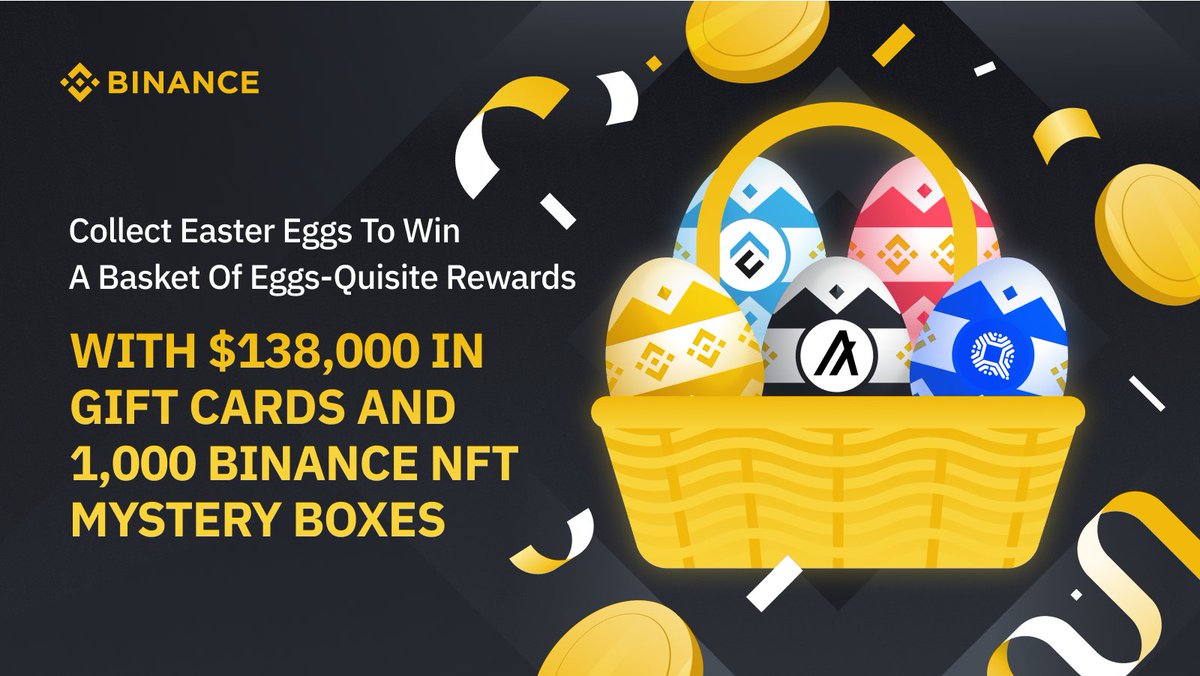 binance's tweet photo. Collect Easter Eggs to win a basket of Eggs-quisite Rewards with $138,000 in Gift Cards and 1,000 #Binance NFT Mystery Boxes!

Don't miss out ➡️ https://t.co/GYtkRWR3EN https://t.co/NovvPdDYR5