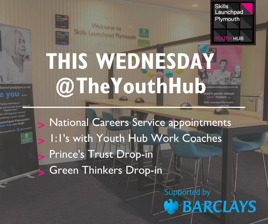 Tomorrow at our #YouthHub in #BarclaysPlymouth we have the #PrincesTrust and #GreenThinkers from #RIO at our drop-in session from 12-3pm. Pop in to find out more about these exciting programmes. 
#SkillsLaunchpadPlymouth 
#JoiningTheDots