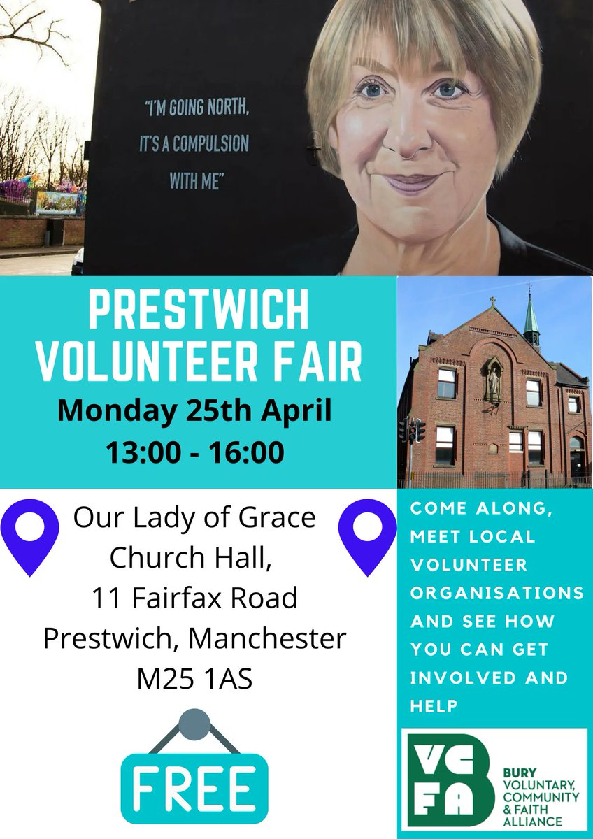 We're attending Prestwich Volunteers Fair!

Thanks to Bury VCFA we will be attending Prestwich Volunteers Fair on the 25th April from 13.00.

All details in the poster attached, we would love for you to come and meet the team.
