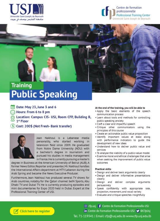 CfpUsj's tweet photo. Public Speaking

“Knowledge speaks, but wisdom listens.”-Jimi Hendrix

LET’S GET STARTED!

The Professional Training Center of Saint-Joseph University of Beirut is pleased to launch a very interactive Training about “Public Speaking” 
Program will be hosted by  Mr. Jean Nakhoul https://t.co/HpL1vC7S8h