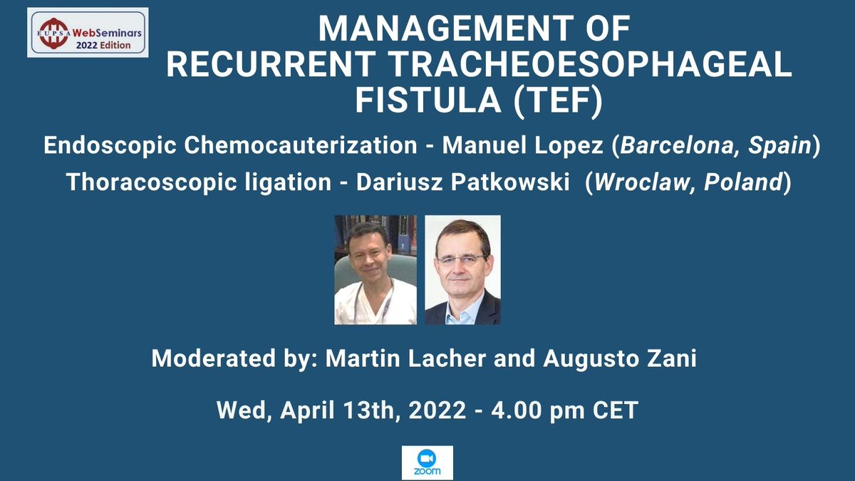 EupsaSurgeons's tweet photo. #EUPSAwebseminars series 2022
🟡 "Management of recurrent TEF"? is TODAY at 4.00 pm CET - free participation!

👉Register now https://t.co/vSxdZj8XMZ

@augusto_zani @martin_lacher @Me4Ped @EventCentralMe @DPatkowski @mlopezparedes https://t.co/o2O7tLVw9T