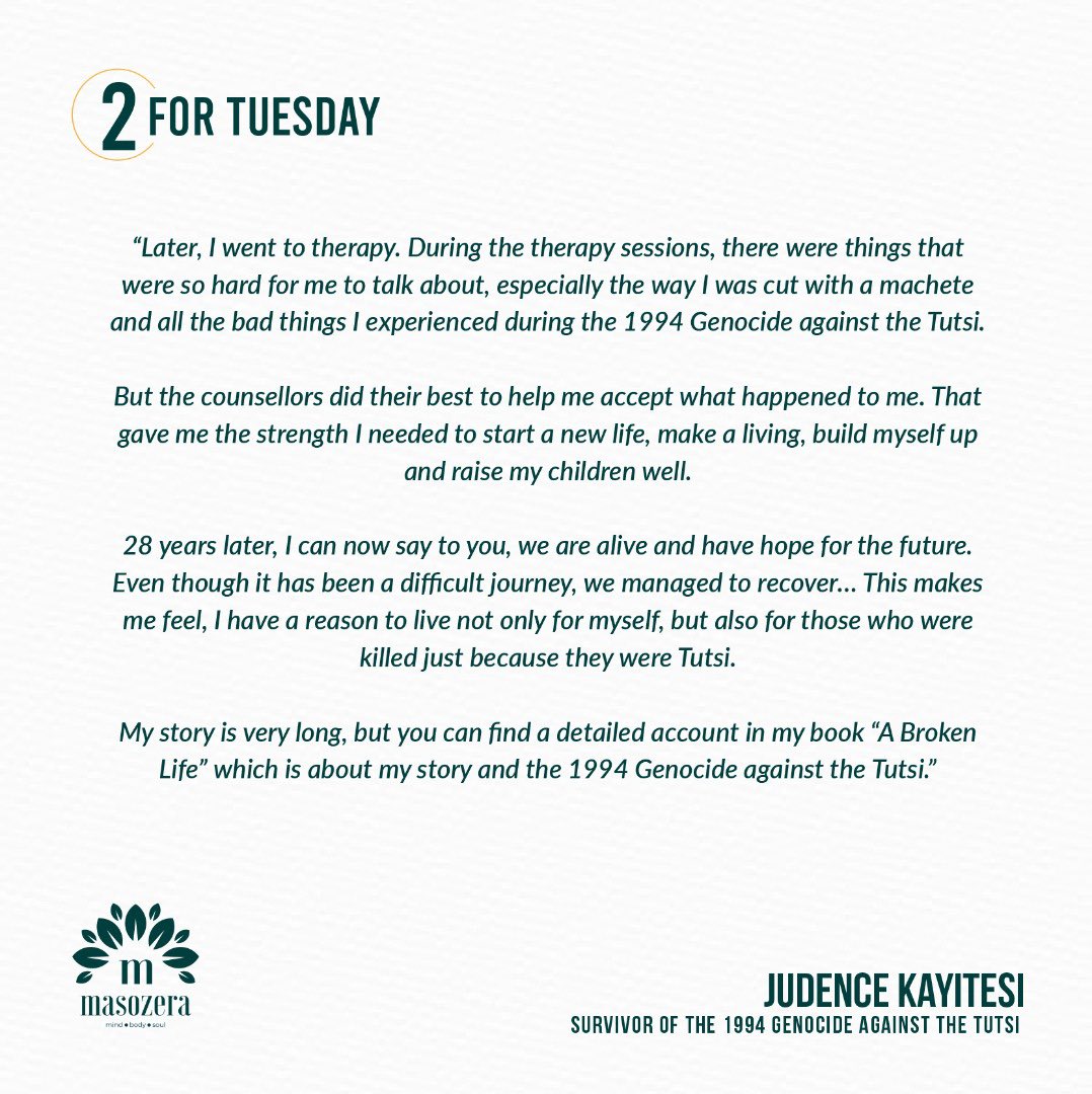 masozera_africa's tweet photo. Today on 2 FOR TUESDAY, we bring you a feature on trauma healing &amp; grief, featuring Ms. @JudenceK .

Look out for her full story➡️https://t.co/PJKa6C5Cxo as we continue to reflect on the 1994 genocide against Tutsi &amp; uplift survivors whose wounds remain ever present.

#Kwibuka28 https://t.co/1aBWnZ2X8X