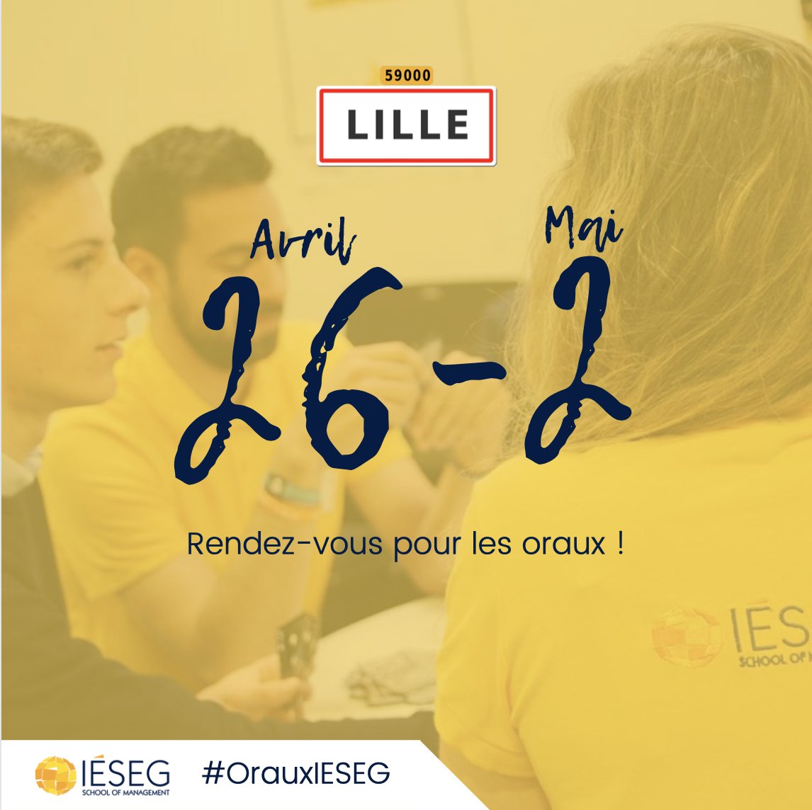 CandidatsIeseg's tweet photo. 🔔 À l'approche des résultats des écrits, il est temps de commencer à prévoir vos oraux ! 

➡️ RDV du 20 au 23 Avril sur le campus de Paris
➡️ Du 26 Avril au 2 Mai sur le campus de Lille
➡️ Le 3 Mai en ligne 

#OrauxIESEG #ConcoursAcces @ConcoursAcces https://t.co/naARMhSotm