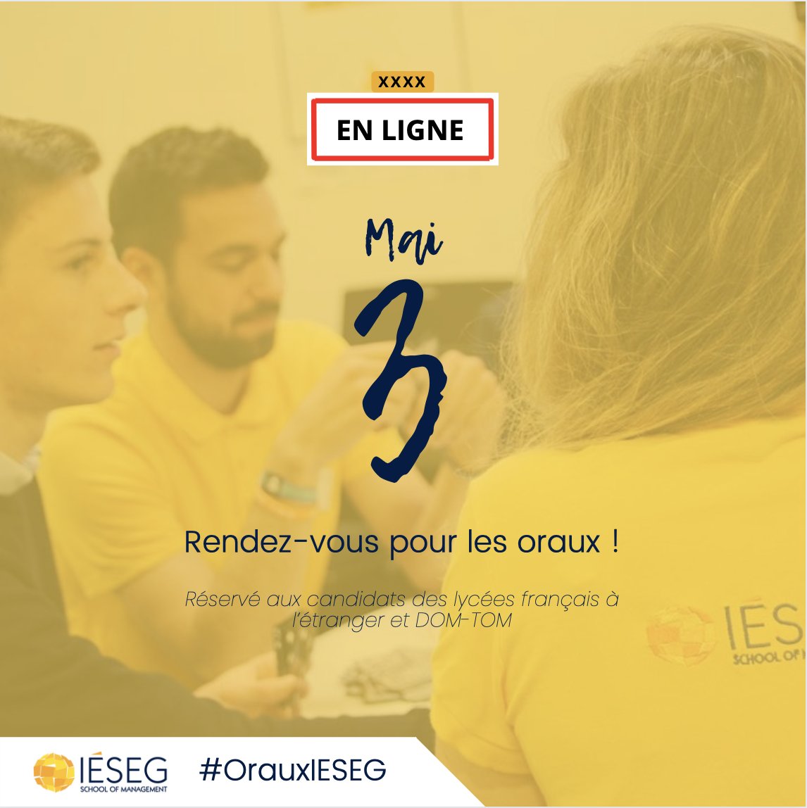 🔔 À l'approche des résultats des écrits, il est temps de commencer à prévoir vos oraux ! 

➡️ RDV du 20 au 23 Avril sur le campus de Paris
➡️ Du 26 Avril au 2 Mai sur le campus de Lille
➡️ Le 3 Mai en ligne 

#OrauxIESEG #ConcoursAcces <a href="/ConcoursAcces/">Concours ACCES</a>