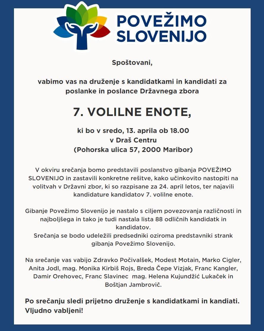 👉🏻 Pridružite se nam jutri v Draš centru v Mariboru, kjer se bomo predstavili vsi kandidati in kandidatke 7. volilne enote gibanja <a href="/PovezimoSlo/">Povežimo Slovenijo</a> 🤝🇸🇮. Veselimo se druženja z vami in skupaj #PovežimoSlovenijo 👏🏻🇸🇮.