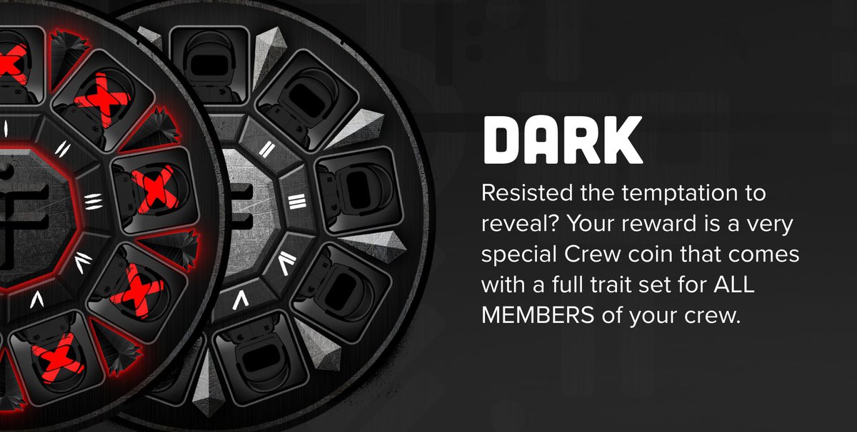 Mr Ø (@mr0chill) on Twitter photo If you have managed to keep curiosity at bay this long and have kept your Crew in a fully unrevealed state, you get the to mint a Dark Crew coin. This coin gets your entire Crew limited edition skins designed by <a href="/JamesAme72/">James Ame</a> when the trait store is released. If you have managed to keep curiosity at bay this long and have kept your Crew in a fully unrevealed state, you get the to mint a Dark Crew coin. This coin gets your entire Crew limited edition skins designed by <a href="/JamesAme72/">James Ame</a> when the trait store is released.