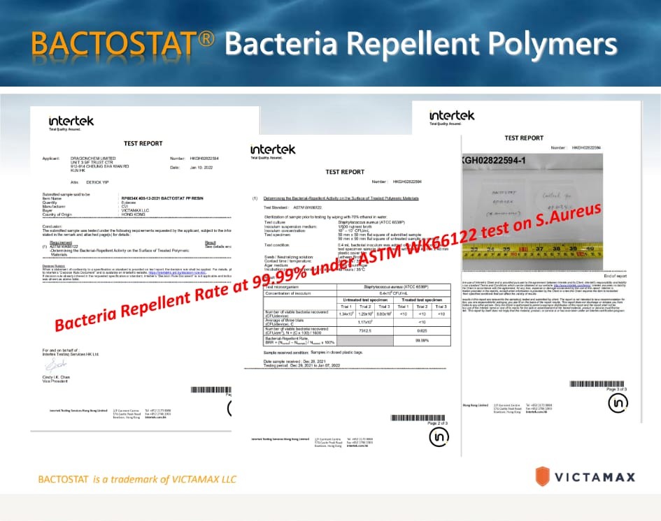 bactostat's tweet photo. BACTOSTAT PP RP6034 has been tested proving bacteria repellent rate of S.Aureus at 99.99% under test method ASTM WK66122.

#plastic #BACTOSTAT #antiviral #intertek #antimicrobial #VICTAMAX #stayhealthy #foodcontactsafe #flue #pandemic #covid19 #disinfection #dragonchem https://t.co/cHcP7IO1Vd