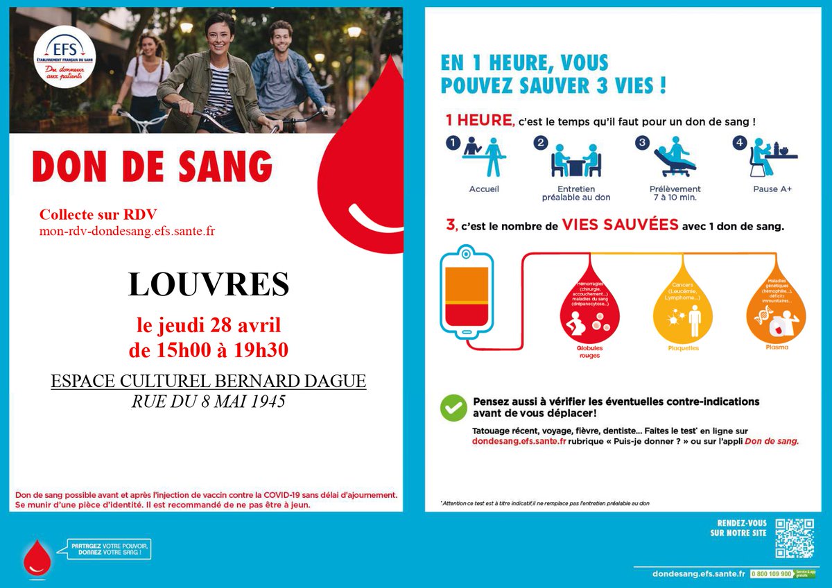 [ DON DU SANG]
RDV le mardi 28 Avril à l’Espace Culturel Bernard Dague de 15h à 19h30 ! 🩸
ville-louvres.fr/agenda/don-du-… 
Prise de RDV ici 👉 : mon-rdv-dondesang.efs.sante.fr 
 (donneurs spontanés acceptés) 
"Sauvez des vies vous avez ça dans le sang, maintenant il faut agir"
