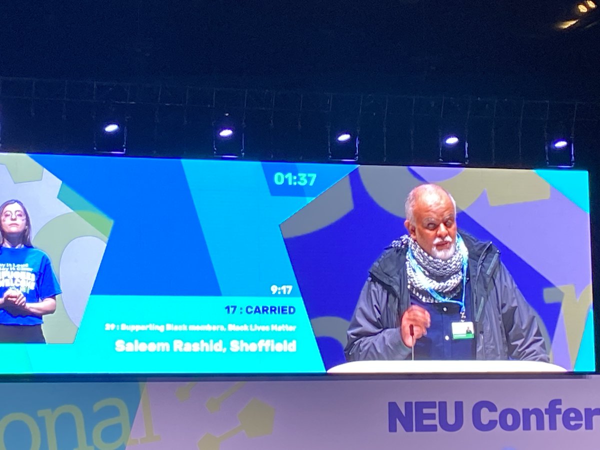 NEUWarks's tweet photo. NEU pledging to support black members further. Motion Passed unanimously. “We need to take on the bullies that press us.” Salem Rashid #BlackLivesMatter #NEU2022 #NEUConference #StandUpForWhatsRight https://t.co/GKjCmjBbMC